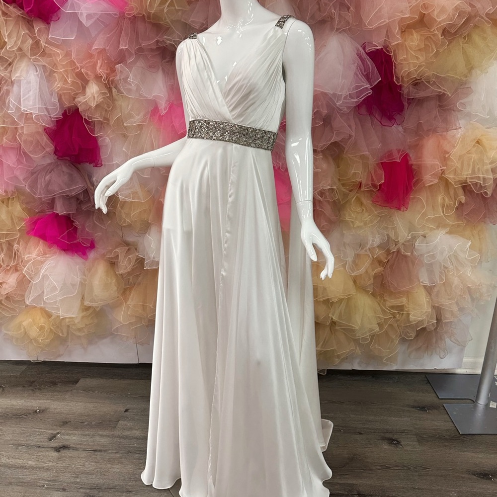 Unique Wedding Dress White Satin Gown with Cape Sleeves Dramatic Slit size 4
